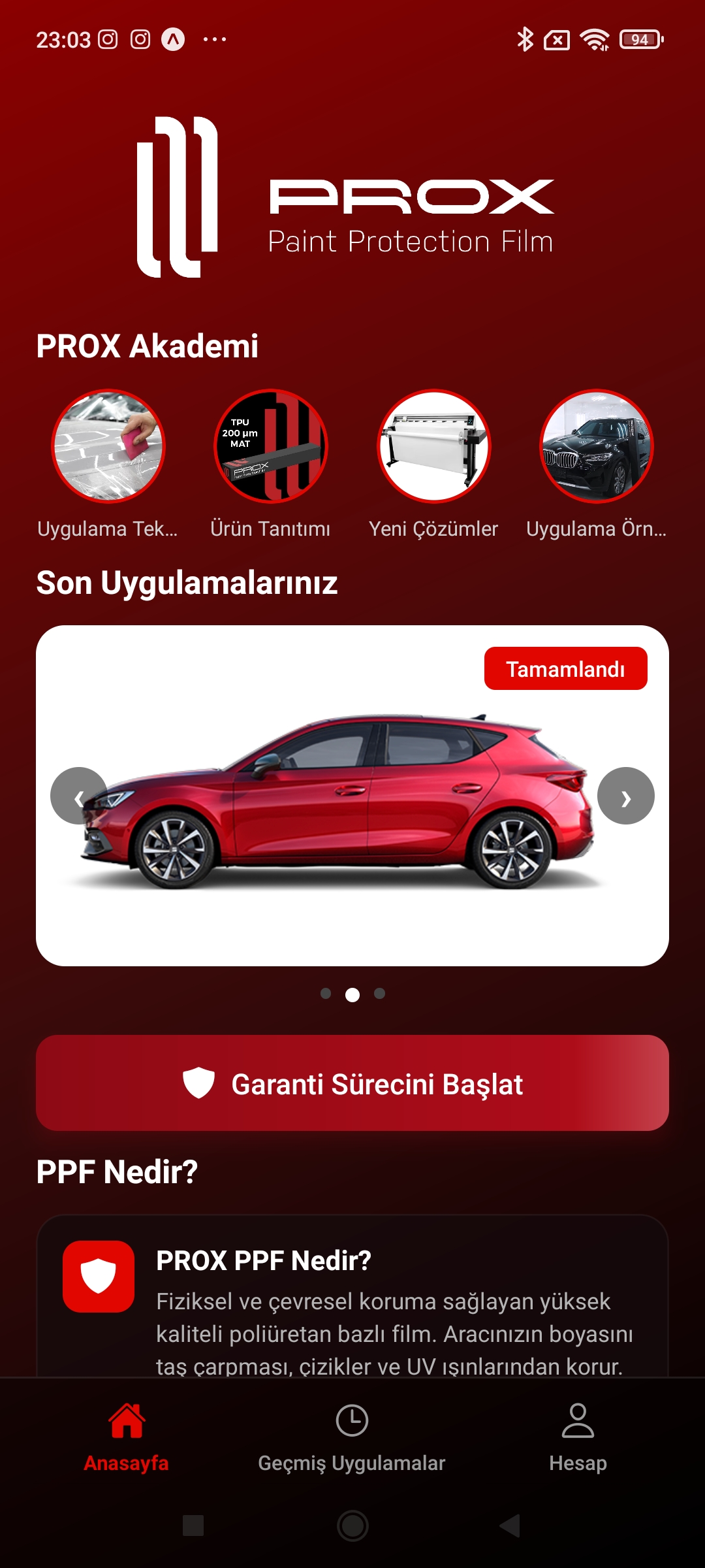 PROX Garanti uygulama ekranı